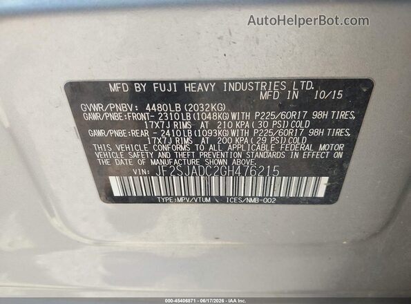 JF2SJADC2GH476215 2016 SUBARU FORESTER Silver ძრავის განყოფილების ხედი