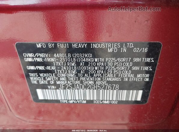 JF2SJADC2GH527678 2016 SUBARU FORESTER Maroon Вид підкапотного простору