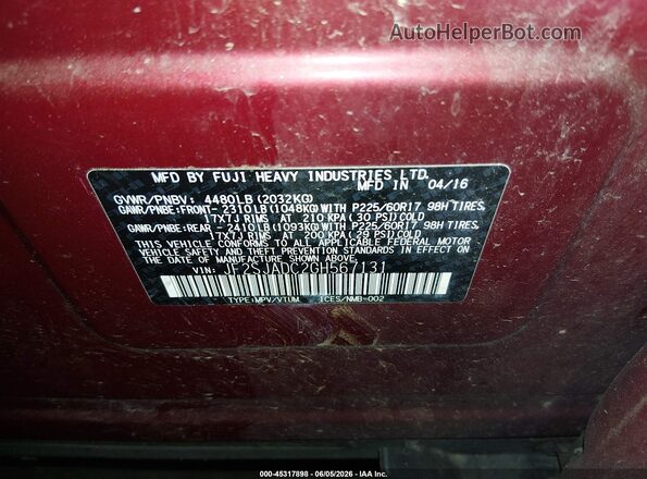 JF2SJADC2GH567131 2016 SUBARU FORESTER Burgundy Widok komory silnika
