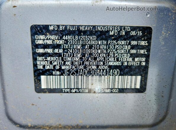 JF2SJADC3GH441490 2016 SUBARU FORESTER Silver ძრავის განყოფილების ხედი