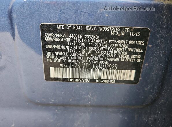 JF2SJADC3GH492925 2016 SUBARU FORESTER Blue Սալոնի 360 աստիճան տեսք