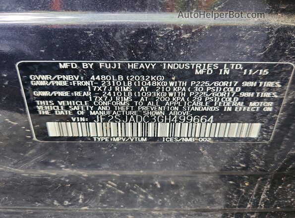 JF2SJADC3GH499664 2016 SUBARU FORESTER Charcoal Vista de la etiqueta del VIN