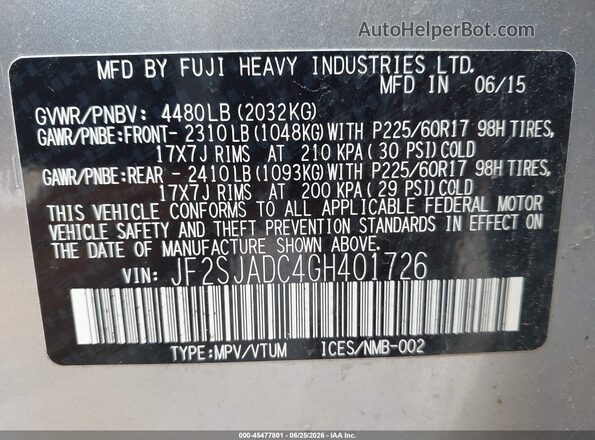 JF2SJADC4GH401726 2016 SUBARU FORESTER Gray Շարժիչի բաժամունքի տեսք