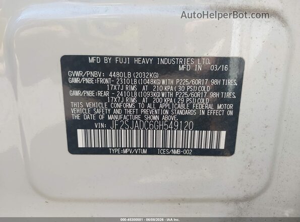 JF2SJADC6GH549120 2016 SUBARU FORESTER White Engine compartment view