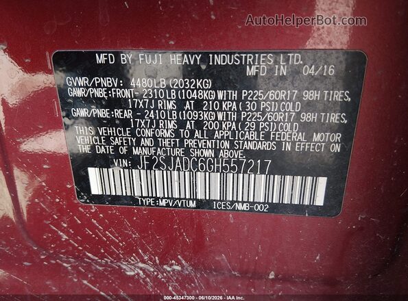 JF2SJADC6GH557217 2016 SUBARU FORESTER Burgundy Շարժիչի բաժամունքի տեսք