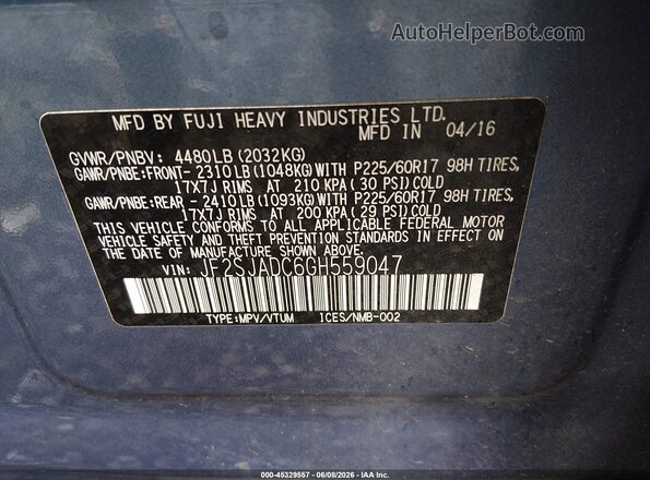 JF2SJADC6GH559047 2016 SUBARU FORESTER Light Blue ძრავის განყოფილების ხედი