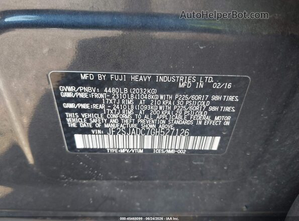 JF2SJADC7GH527126 2016 SUBARU FORESTER Gray Շարժիչի բաժամունքի տեսք