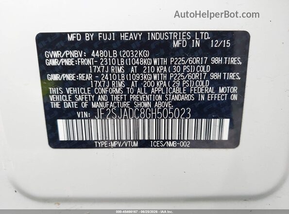 JF2SJADC8GH505023 2016 SUBARU FORESTER White Շարժիչի բաժամունքի տեսք