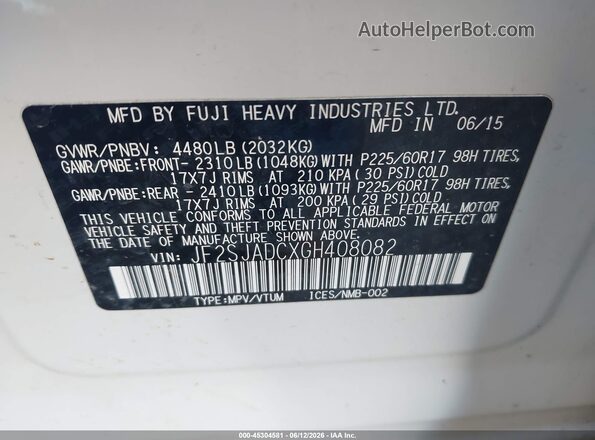 JF2SJADCXGH408082 2016 SUBARU FORESTER Белый Вид подкапотного пространства