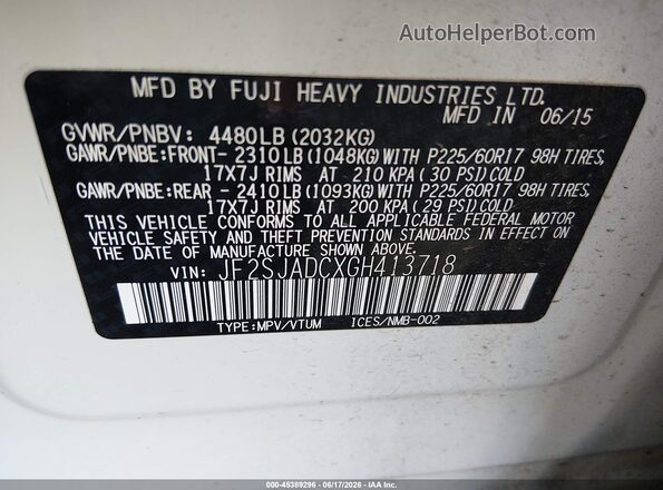 JF2SJADCXGH413718 2016 SUBARU FORESTER White Вид підкапотного простору