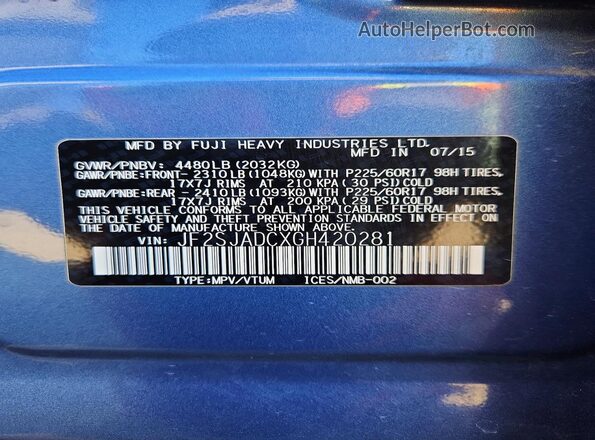 JF2SJADCXGH420281 2016 SUBARU FORESTER Blue VIN կոդի պիտակի տեսք