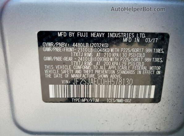JF2SJAEC0HH578130 2017 SUBARU FORESTER Silver Vista interior de 360 grados