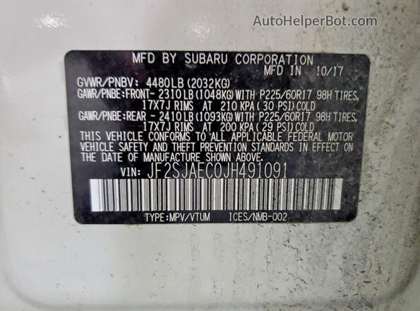 JF2SJAEC0JH491091 2018 SUBARU FORESTER White VIN կոդի պիտակի տեսք