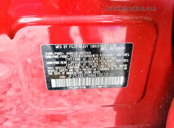 JF2SJAEC2HH478627 2017 SUBARU FORESTER Burgundy VIN კოდის სტიკერის ხედი