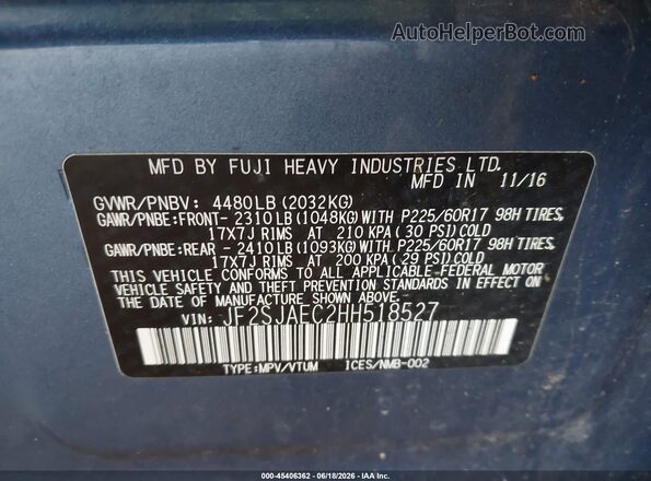 JF2SJAEC2HH518527 2017 SUBARU FORESTER Blue Vista del compartimento del motor