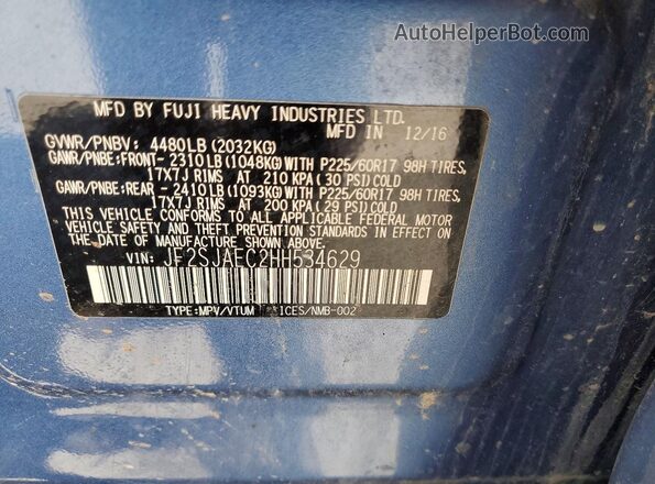 JF2SJAEC2HH534629 2017 SUBARU FORESTER Blue VIN sticker view