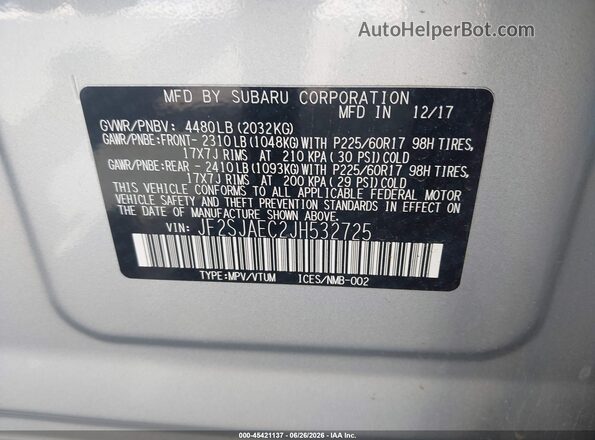 JF2SJAEC2JH532725 2018 SUBARU FORESTER Серебряный Вид подкапотного пространства