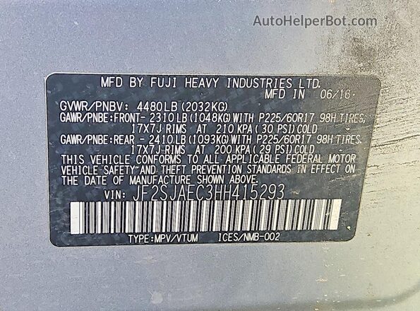 JF2SJAEC3HH415293 2017 SUBARU FORESTER Silver 