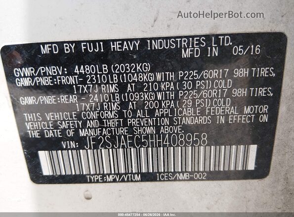 JF2SJAEC5HH408958 2017 SUBARU FORESTER White Engine compartment view
