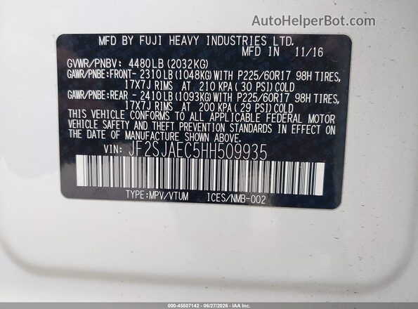 JF2SJAEC5HH509935 2017 SUBARU FORESTER White Вид підкапотного простору