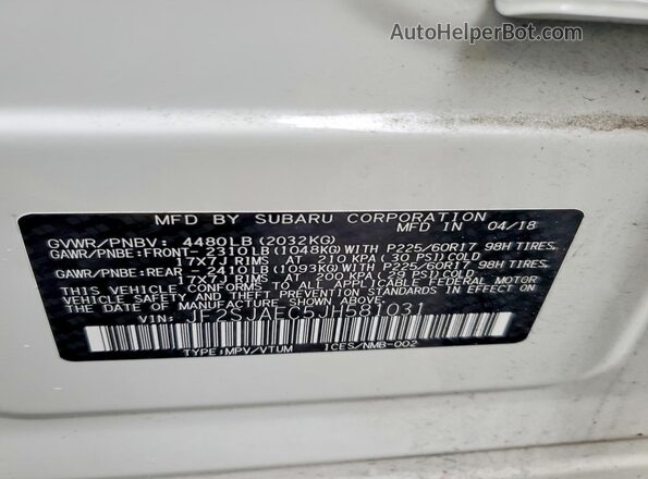 JF2SJAEC5JH581031 2018 SUBARU FORESTER White Widok wnętrza 360 stopni
