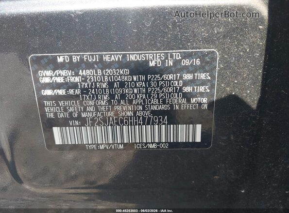 JF2SJAEC6HH477934 2017 SUBARU FORESTER Gray Engine compartment view