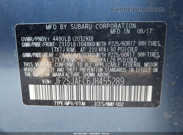JF2SJAEC6JH455289 2018 SUBARU FORESTER Blue Շարժիչի բաժամունքի տեսք