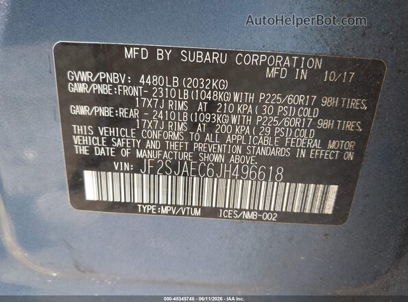 JF2SJAEC6JH496618 2018 SUBARU FORESTER Blue 