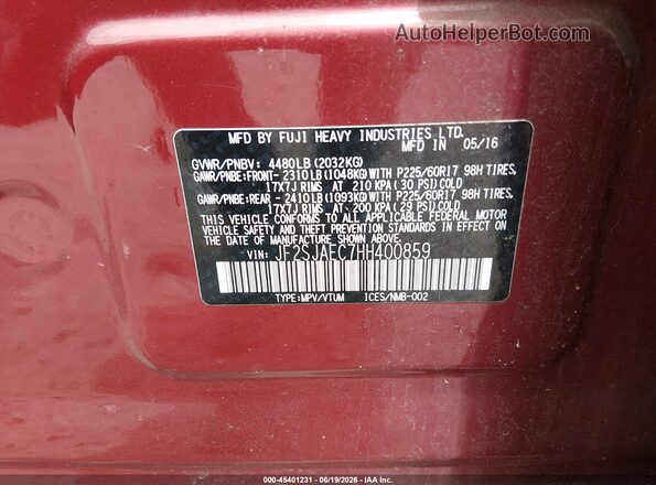 JF2SJAEC7HH400859 2017 SUBARU FORESTER Burgundy Вид підкапотного простору