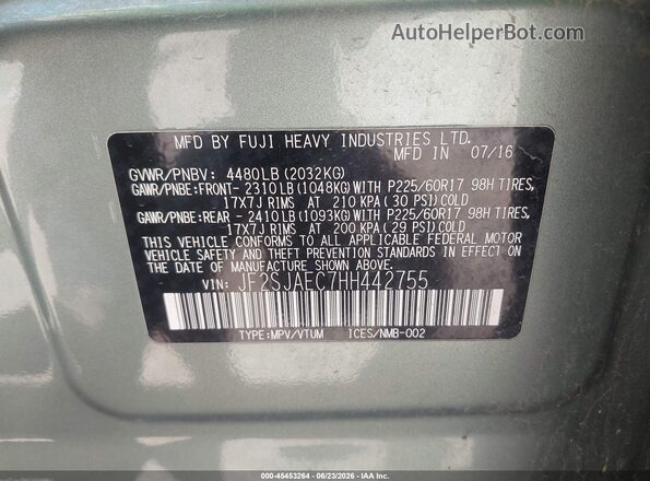 JF2SJAEC7HH442755 2017 SUBARU FORESTER Green Շարժիչի բաժամունքի տեսք
