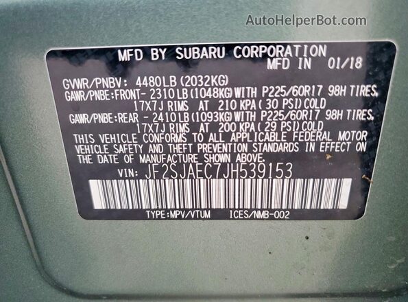 JF2SJAEC7JH539153 2018 SUBARU FORESTER Green 