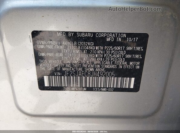 JF2SJAEC8JH492005 2018 SUBARU FORESTER Серебряный Вид подкапотного пространства