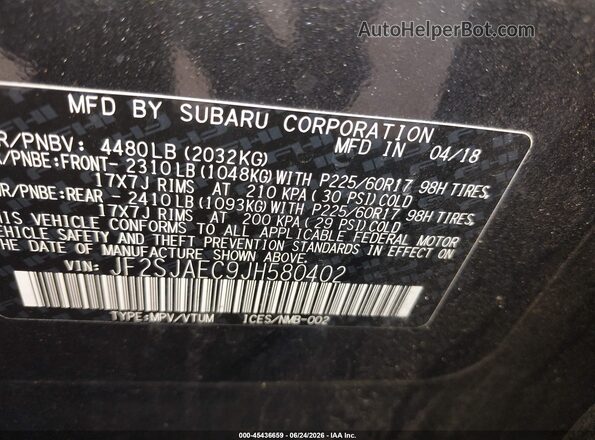 JF2SJAEC9JH580402 2018 SUBARU FORESTER Gray Engine compartment view