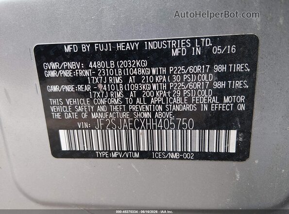 JF2SJAECXHH405750 2017 SUBARU FORESTER Silver Вид підкапотного простору