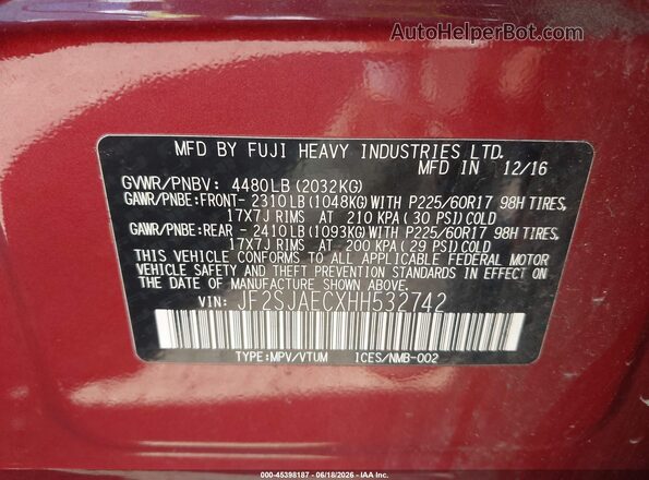 JF2SJAECXHH532742 2017 SUBARU FORESTER Red Widok komory silnika
