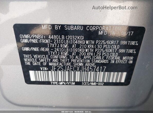 JF2SJAECXJH457417 2018 SUBARU FORESTER Silver Շարժիչի բաժամունքի տեսք