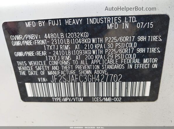 JF2SJAFC3GH427702 2016 SUBARU FORESTER White Շարժիչի բաժամունքի տեսք