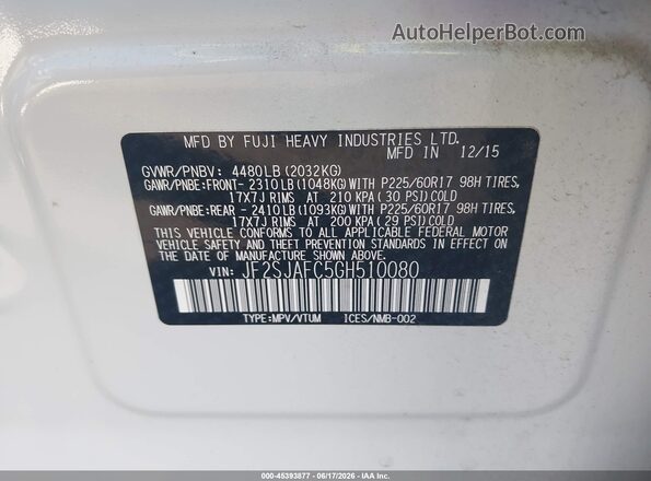 JF2SJAFC5GH510080 2016 SUBARU FORESTER Белый Вид подкапотного пространства