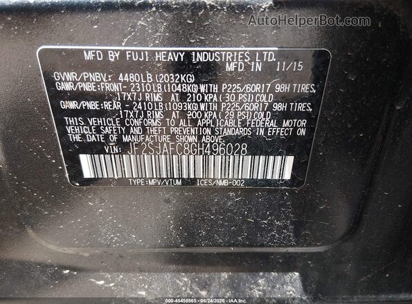 JF2SJAFC8GH496028 2016 SUBARU FORESTER Gray Engine compartment view