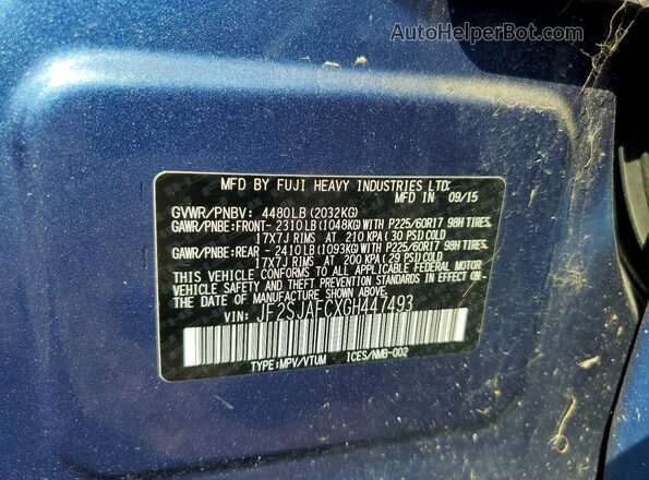 JF2SJAFCXGH447493 2016 SUBARU FORESTER Blue Widok naklejki z numerem VIN