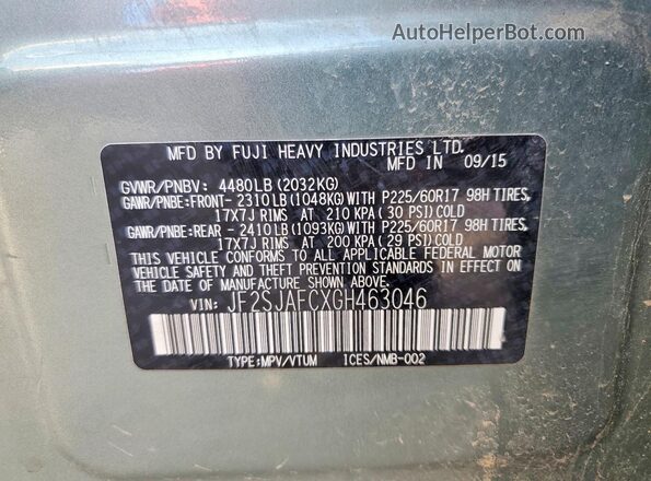 JF2SJAFCXGH463046 2016 SUBARU FORESTER Green Շարժիչի բաժամունքի տեսք