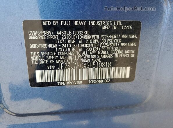 JF2SJAFCXGH510818 2016 SUBARU FORESTER Blue Widok naklejki z numerem VIN