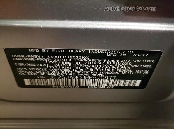 JF2SJAGC0HH570977 2017 SUBARU FORESTER Silver Widok wnętrza 360 stopni