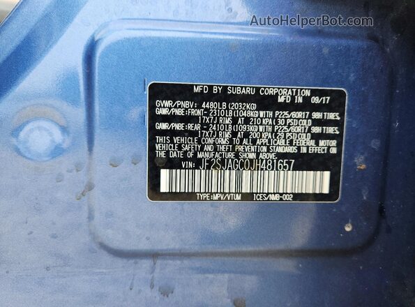 JF2SJAGC0JH481657 2018 SUBARU FORESTER Синий Вид наклейки с VIN-кодом