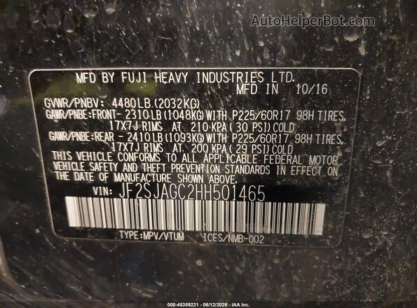 JF2SJAGC2HH501465 2017 SUBARU FORESTER Black Engine compartment view