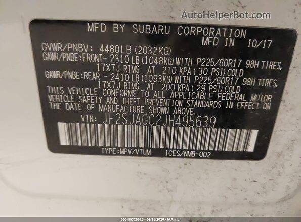 JF2SJAGC2JH495639 2018 SUBARU FORESTER White Widok komory silnika