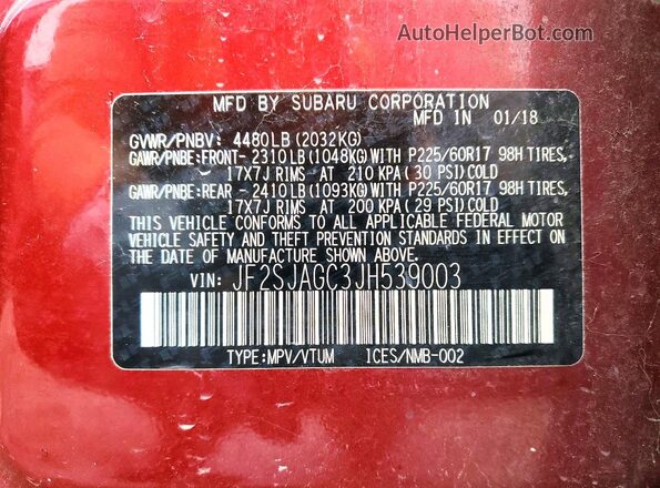 JF2SJAGC3JH539003 2018 SUBARU FORESTER Burgundy 
