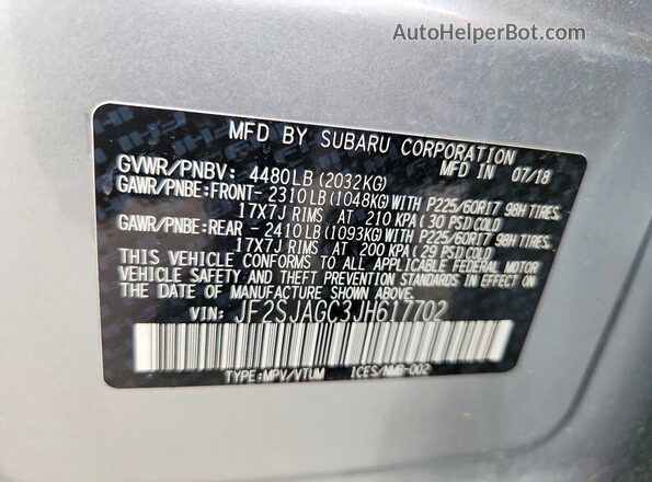 JF2SJAGC3JH617702 2018 SUBARU FORESTER Silver VIN կոդի պիտակի տեսք