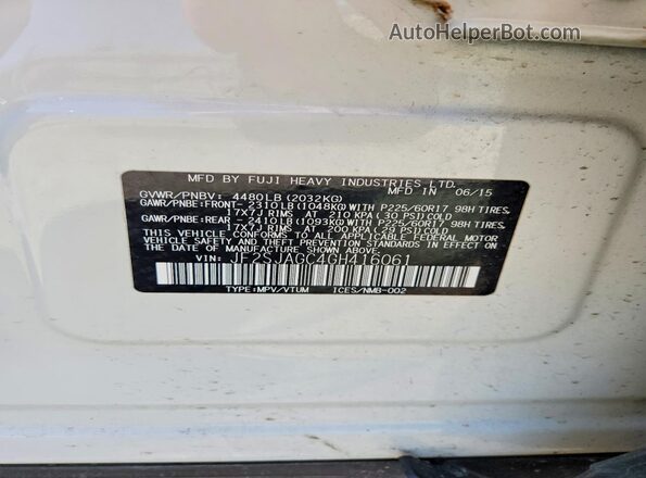 JF2SJAGC4GH416061 2016 SUBARU FORESTER Белый Вид наклейки с VIN-кодом