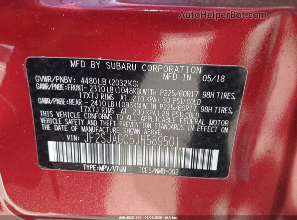 JF2SJAGC5JH589501 2018 SUBARU FORESTER Red Вид підкапотного простору